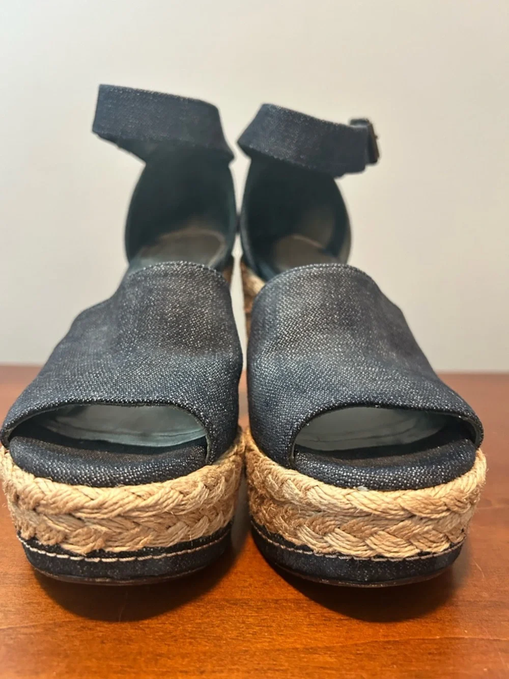 Stuart Weitzman Sohojute Dark Denim Espadrille Ankle-Strap Wedge Sandals - Picture 6 of 15